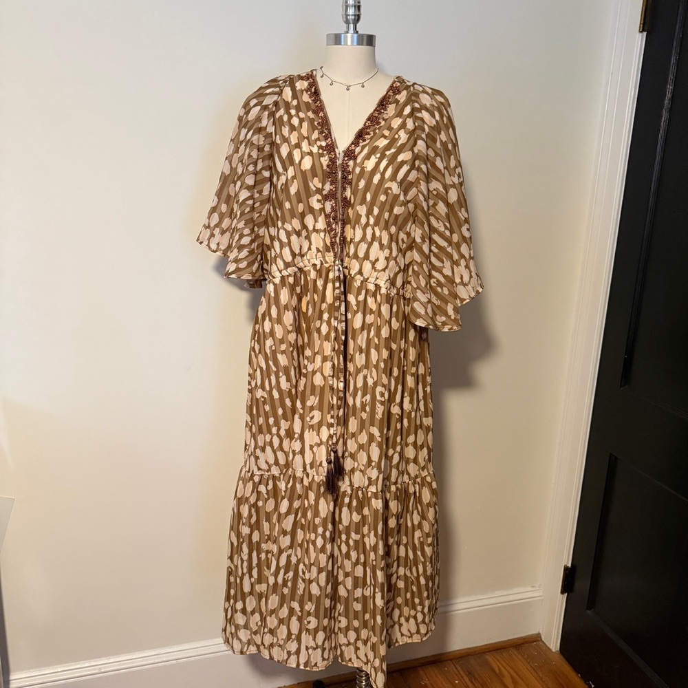 Tan Pattern Beaded Vneck Dress